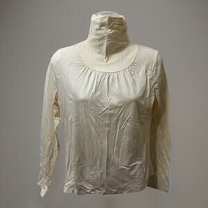 Talbots High Neck Top Ruched Long Sleeve Stretch Medium Cream Back Zipper Blouse